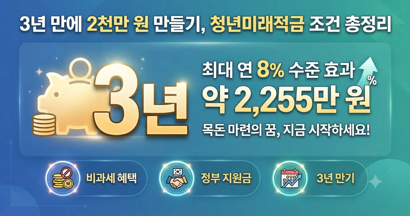 "3년 만에 최대 연 8% 효과로 2천만 원 목돈을 만드는 청년미래적금 혜택 요약 인포그래픽"