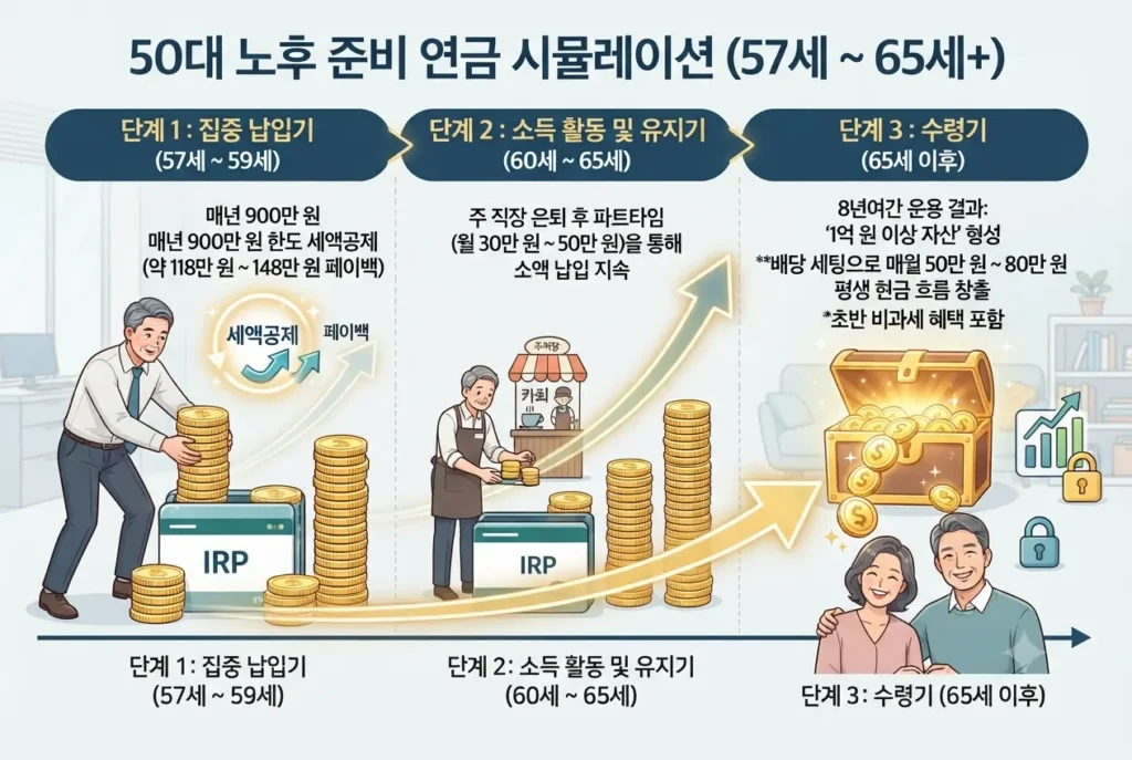 50대 노후 준비 연금 시뮬레이션 타임라인 이미지. 57세~59세 집중 납입기(연 1,800만 원 납입 및 연 900만 원 세액공제), 60세~65세 소득 활동 및 유지기(파트타임 소액 납입), 65세 이후 수령기(1억 원 이상 자산 형성 및 배당 세팅으로 월 50만 원~80만 원 평생 현금 흐름 창출)를 시각화한 단계별 안내도.