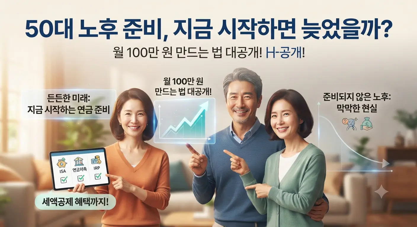 50대 노후 준비의 중요성과 연금저축·IRP 세액공제 혜택을 안내하는 썸네일 이미지. 중년 부부와 월 100만 원 은퇴 자금 목표 그래프가 포함되어 있습니다.