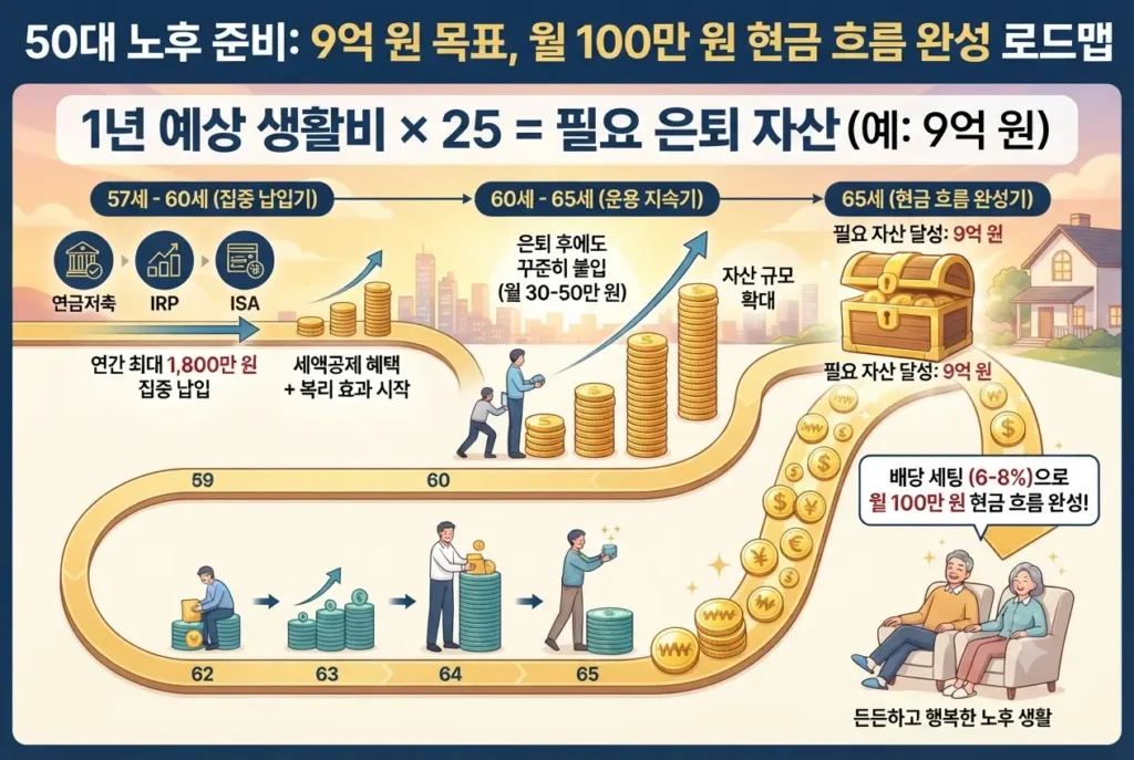 50대 노후 준비 로드맵 인포그래픽. 1년 생활비 25배 법칙(9억 원 목표)을 바탕으로 57세부터 65세까지 연금저축, IRP, ISA를 활용해 배당 세팅으로 월 100만 원 현금 흐름을 만드는 과정을 타임라인으로 보여줍니다.