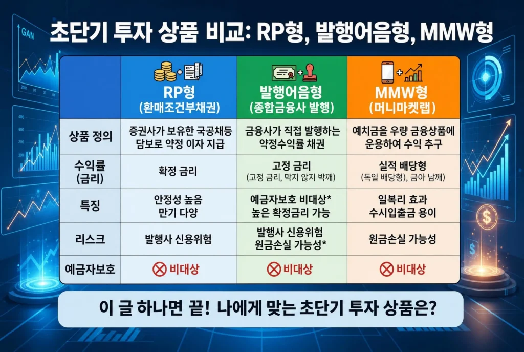 CMA 계좌의 대표적인 3가지 초단기 투자 상품인 RP형, 발행어음형, MMW형의 정의와 특징을 비교한 표