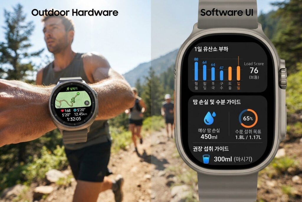 강렬한 태양 아래 선명한 갤럭시 워치 울트라 2의 5000니트 야외 시인성과 새로 개편된 삼성 헬스 앱의 유산소 부하 및 수분 가이드 UI 화면