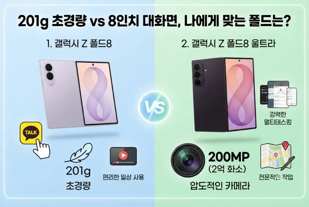 갤럭시 Z 폴드8 초경량 201g 모델과 8인치 대화면의 갤럭시 Z 폴드8 울트라 스펙 및 기능을 비교한 인포그래픽