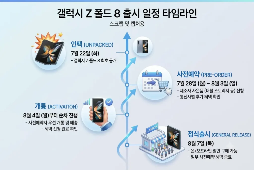 갤럭시 Z 폴드 8 언팩, 사전예약, 개통, 정식 출시 일정 타임라인 상세 설명: