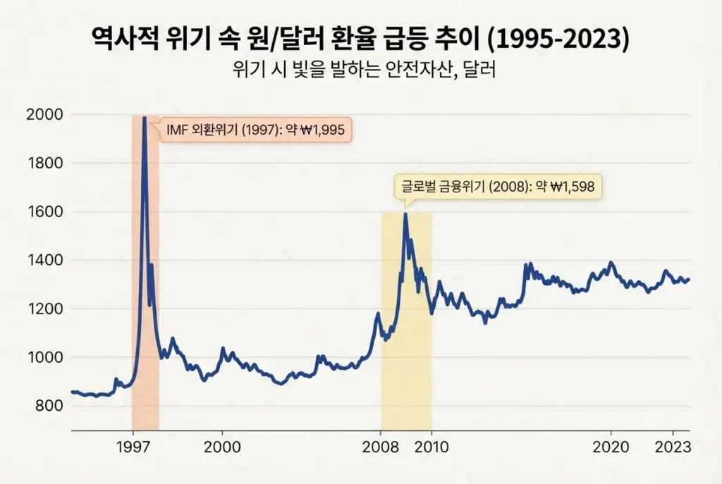 1997년 IMF 외환위기와 2008년 글로벌 금융위기 당시 급등했던 원 달러 환율 추이 역사적 그래프