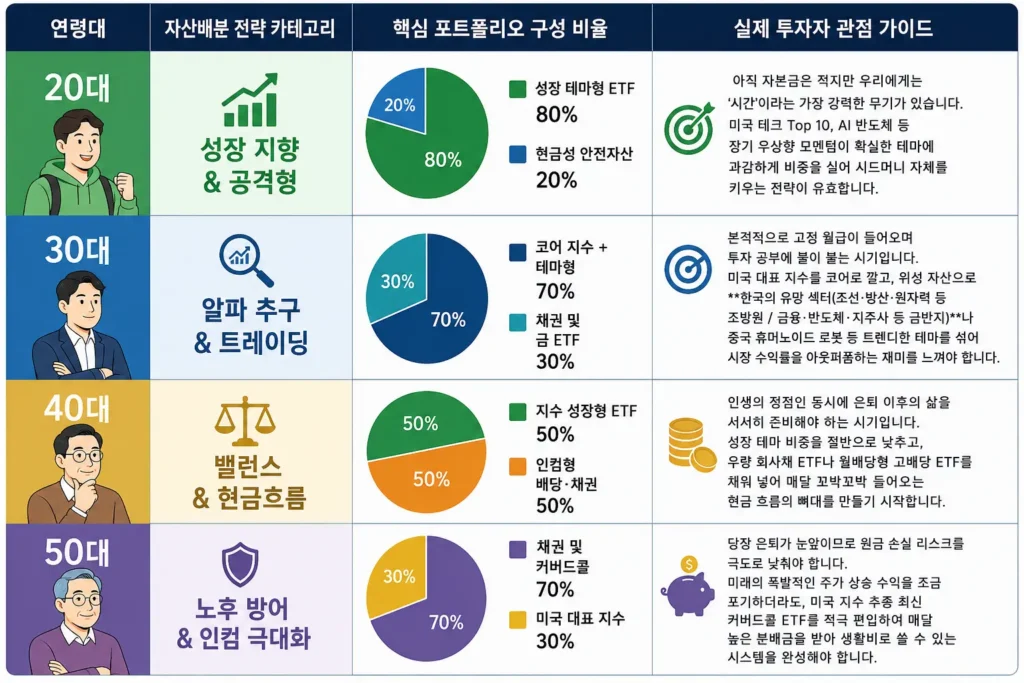 ISA 계좌 ETF 포트폴리오 전략을 보여주는 세대별 자산 배분 인포그래픽 차트