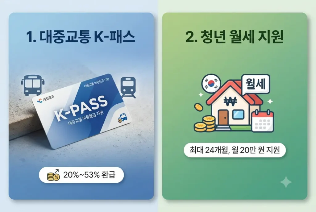 대중교통비 환급을 위한 K-패스 카드와 청년 월세 한시 특별지원을 비교한 인포그래픽