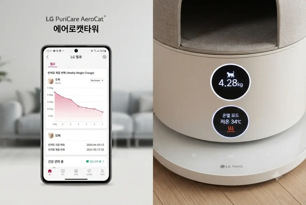 LG 퓨리케어 에어로캣타워 앱 연동 체중 측정 그래프 및 온열 기능 화면