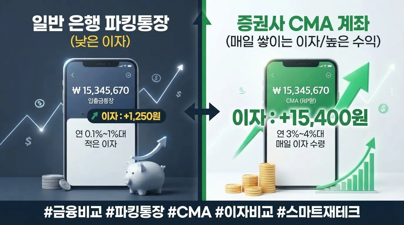 일반 은행 파킹통장과 증권사 CMA 계좌의 일일 이자 및 금리를 시각적으로 비교한 인포그래픽 이미지
