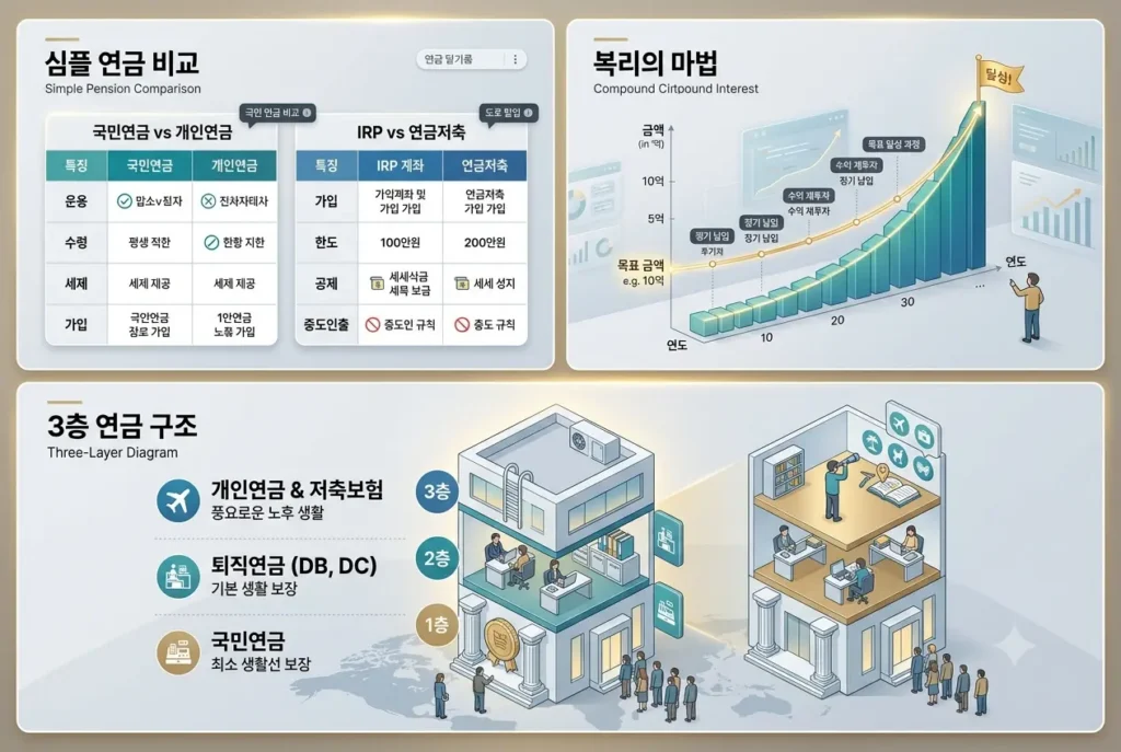 국민연금 퇴직연금 개인연금 3층 연금 구조도 및 노후대비저축 비교 차트