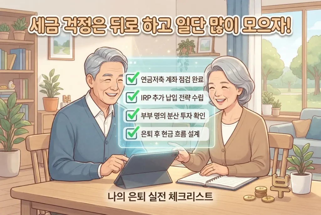 은퇴 후 사적연금 준비 및 실전 체크리스트를 점검하며 미소 짓는 부부의 모습