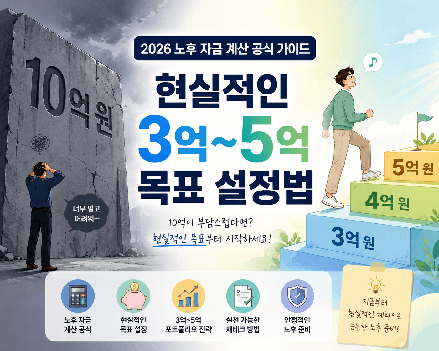 2026년 노후 자금 계산 공식 가이드 대표 이미지. 10억 원 목표의 부담과 3억~5억 원 현실적인 은퇴 자금 목표를 대비해 보여주는 일러스트