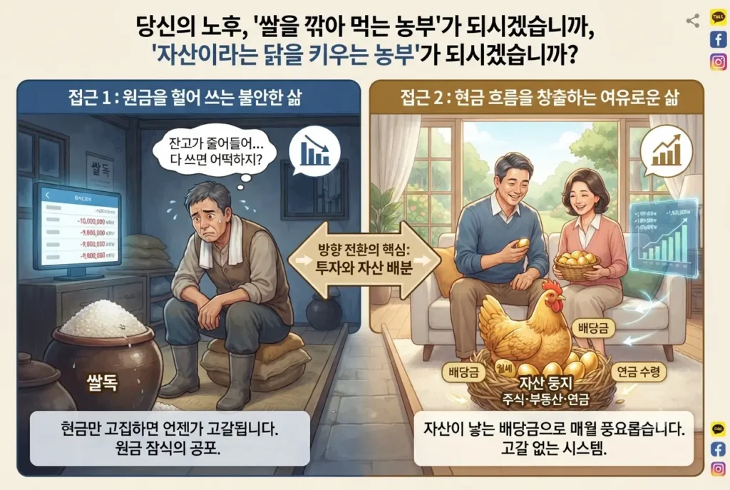 노후 준비의 두 가지 방식을 비교하는 일러스트. 좌측은 통장에 현금을 쌓아두고 잔고 감소에 불안해하는 쌀독 농부의 모습이며, 우측은 자산이라는 닭을 키우며 매달 배당금(달걀)을 수확하는 여유로운 부부의 모습을 대조하고 있습니다.