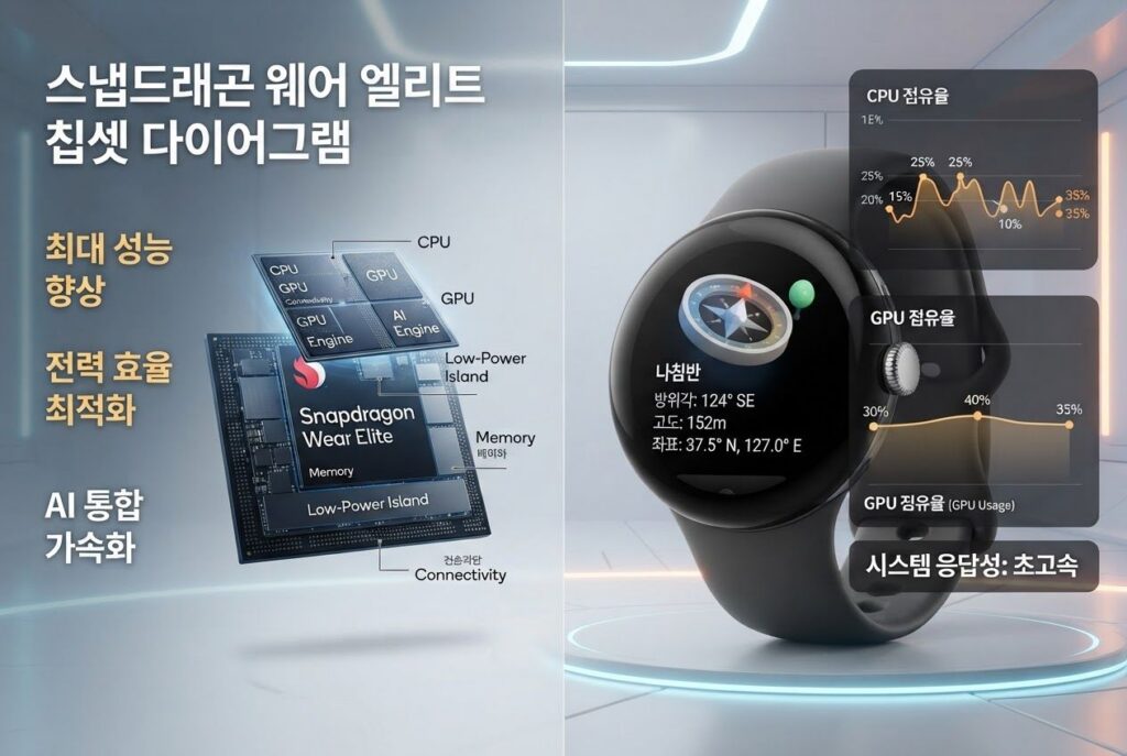 갤럭시 워치 시리즈 최초로 탑재된 퀄컴 스냅드래곤 웨어 엘리트 칩셋의 구조 다이어그램과 향상된 성능, 나침반 앱 구동 테스트 화면