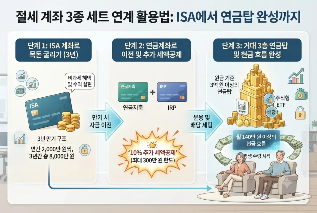 절세 계좌 3종 세트 연계 활용법 인포그래픽. 3년 만기 ISA 계좌의 목돈을 연금계좌(연금저축/IRP)로 이전하여 10% 추가 세액공제 혜택을 받고, 주식형 ETF 배당 세팅을 통해 원금 기준 3억 원 이상의 연금탑과 월 140만 원 이상의 현금 흐름을 완성하는 머니 플로우 순서도.
