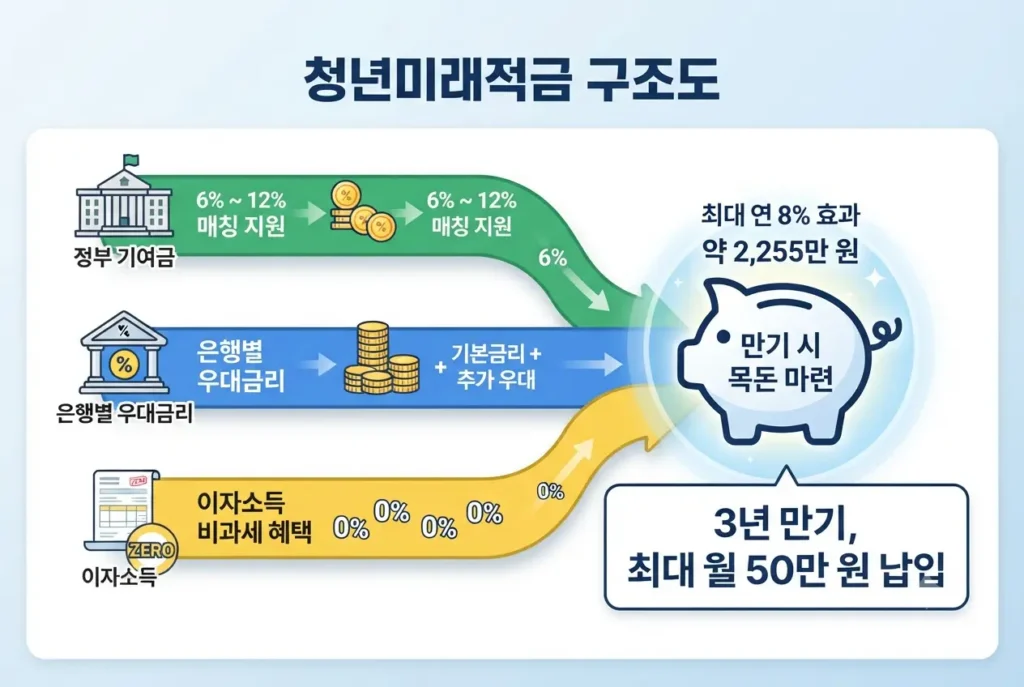 정부 기여금, 은행 우대금리, 이자 비과세 혜택이 합쳐져 만기 목돈이 되는 청년미래적금 구조도