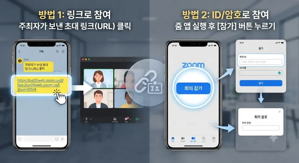 줌(Zoom) 회의 참가 방법 - 링크 클릭 및 회의 ID/암호 입력 화면