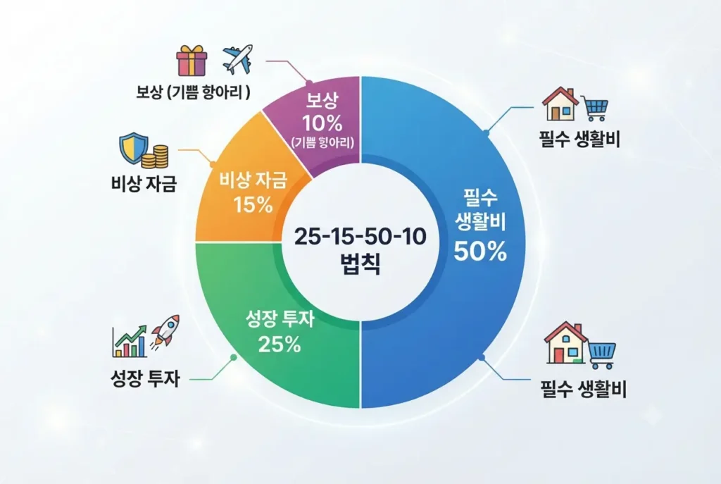 상위 1퍼센트 돈관리 25-15-50-10 법칙 자산 배분 비율 인포그래픽