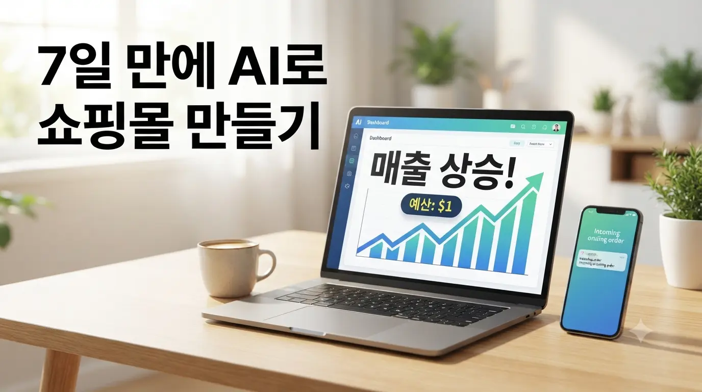 7일 만에 AI로 쇼핑몰 만들기 프로젝트를 보여주는 1달러 예산 매출 상승 노트북 데스크셋업 썸네일