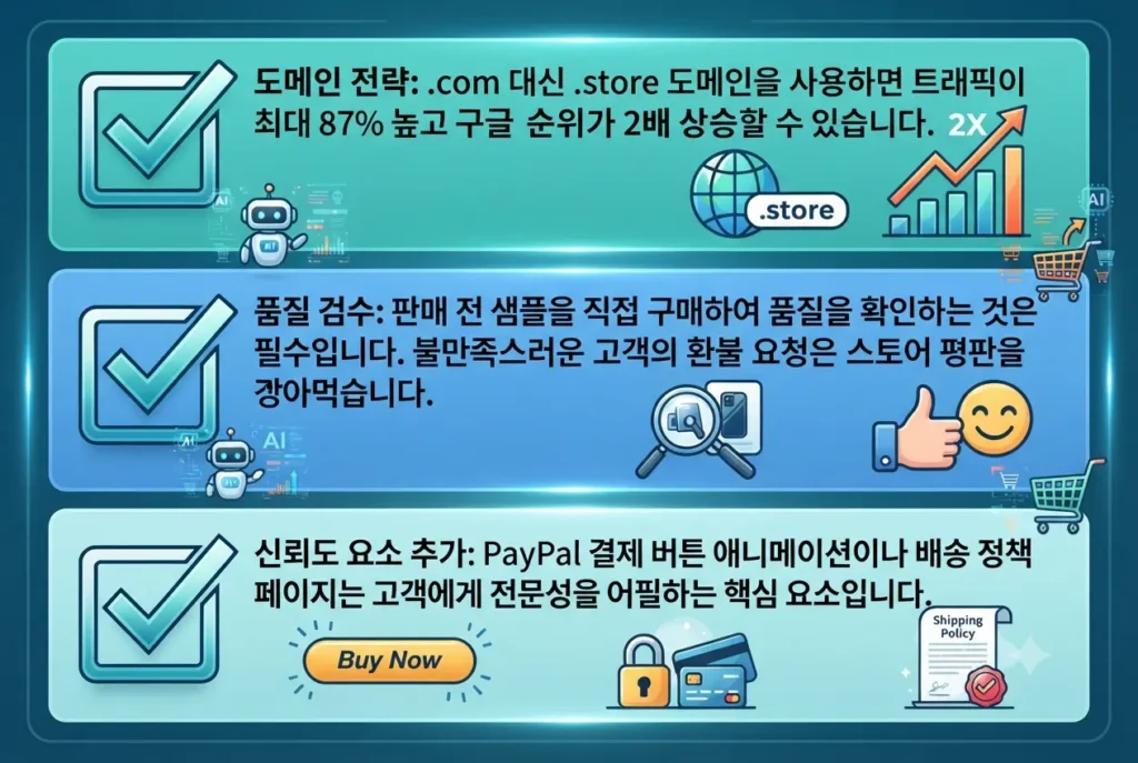 성공적인 AI 드롭쉬핑 쇼핑몰 구축을 위한 도메인 전략 및 품질 검수 실전 체크리스트