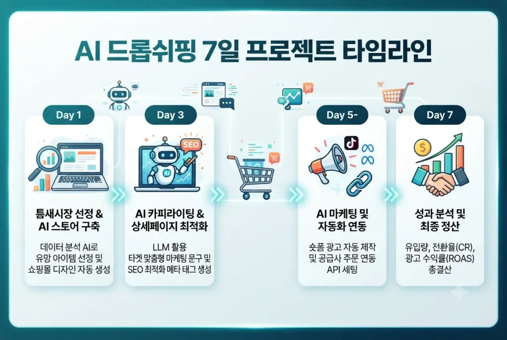 AI 드롭쉬핑 7일 프로젝트의 단계별 타임라인과 스토어 구축 과정을 나타낸 인포그래픽 다이어그램
