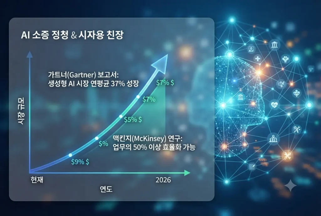 가트너와 맥킨지 보고서를 기반으로 생성형 AI 시장의 연평균 성장률과 업무 효율화 통계를 시각화한 상향 그래프 및 인공지능 데이터 네트워크 배경