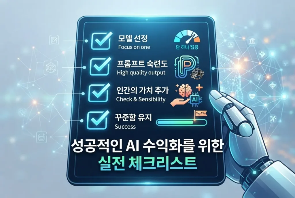 성공적인 AI 수익화를 위한 실전 체크리스트인 모델 선정, 프롬프트 숙련도, 인간의 가치 추가, 꾸준함 유지를 나타내는 인포그래픽 화면