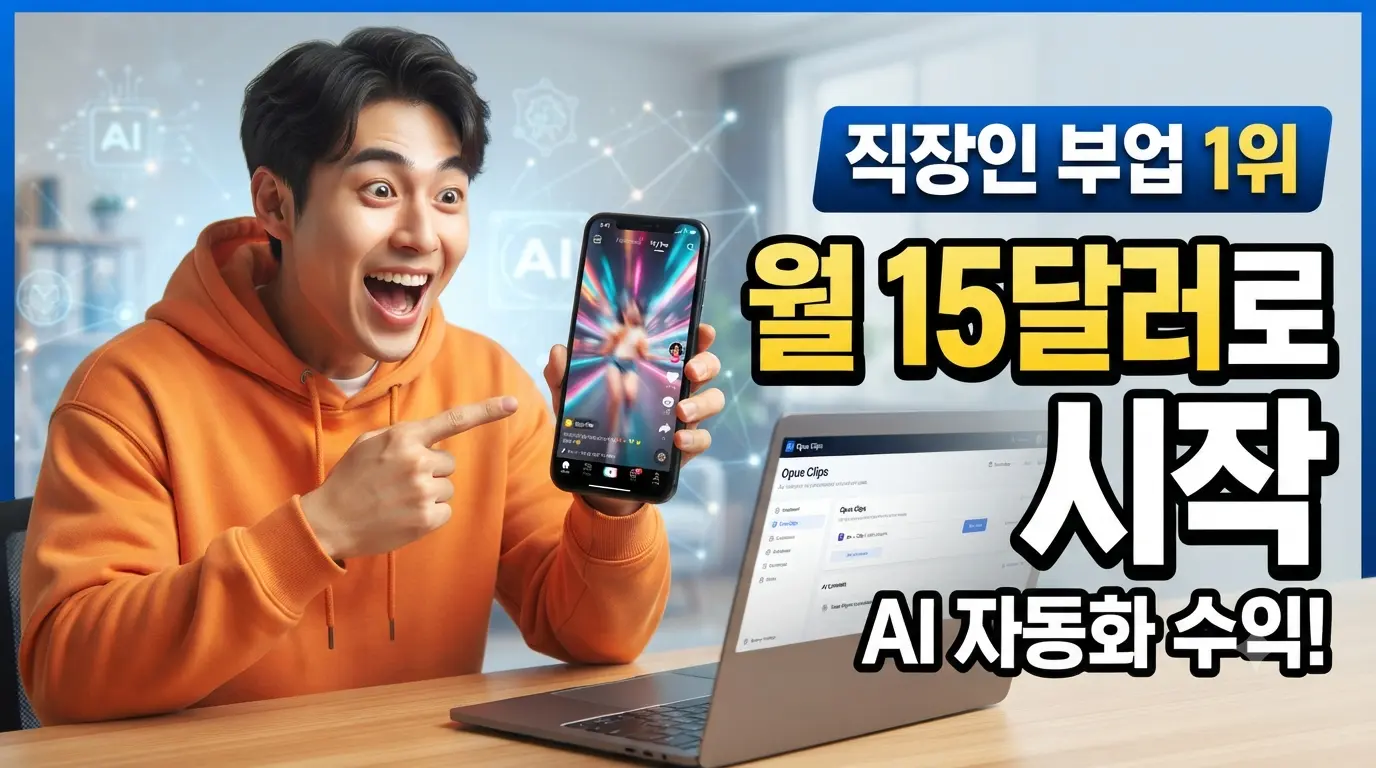 직장인 부업 1위, 월 15달러로 시작하는 AI 자동화 수익 및 숏폼 클리핑 방법을 가리키는 남성의 모습