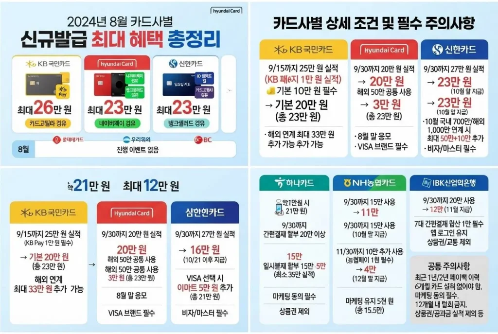 8월 신용카드 페이백 이벤트 카드사별 조건 및 최대 혜택 비교 표