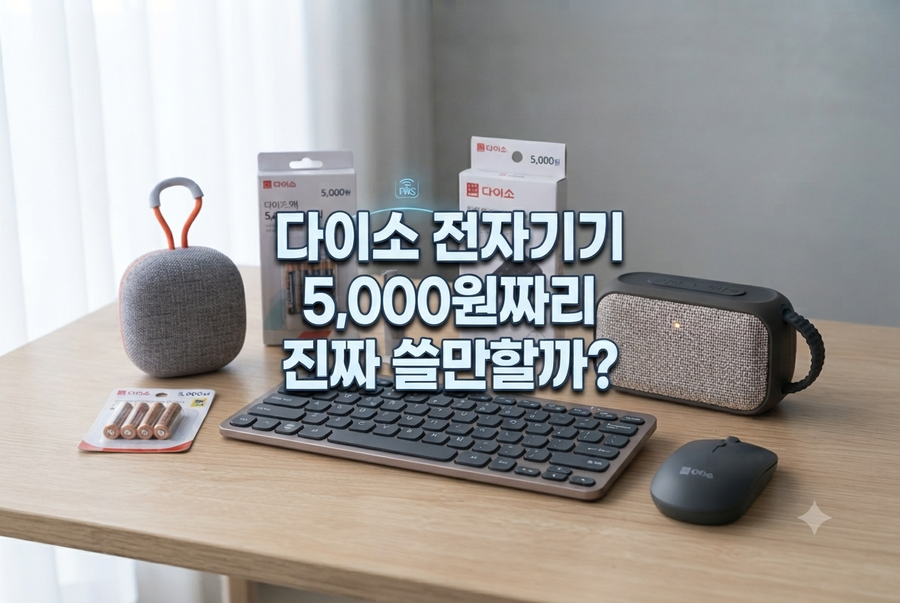 다이소 전자기기 5000원 6종 제품(블루투스 스피커, 키보드, 버티컬 마우스)이 책상 위에 진열된 모습