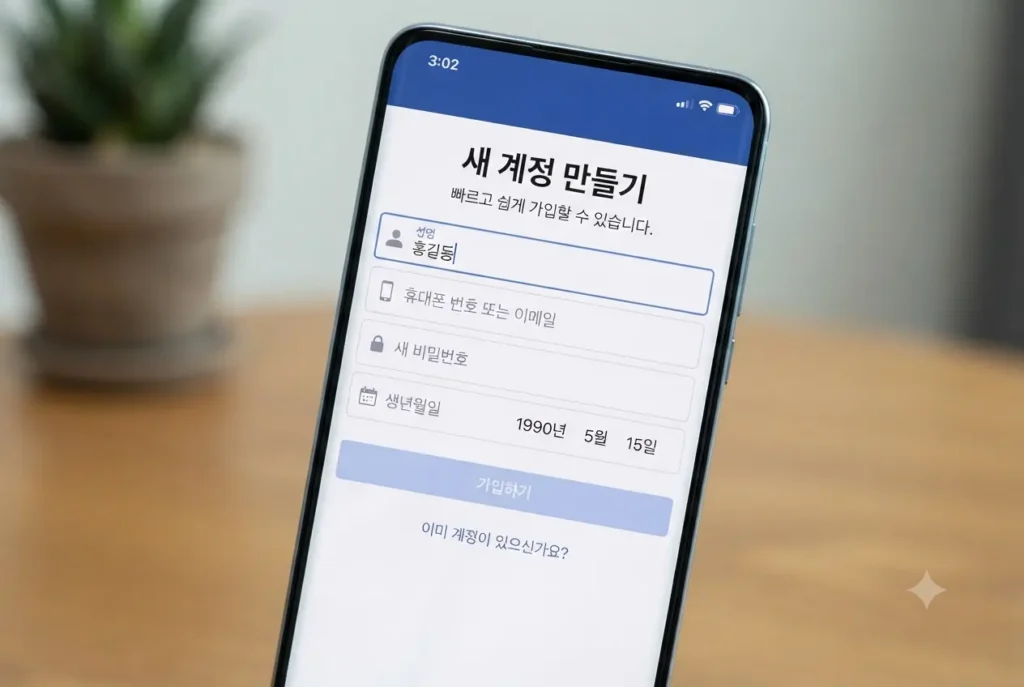 스마트폰 화면에서 페이스북 새 계정 만들기 및 가입 양식을 작성하는 과정