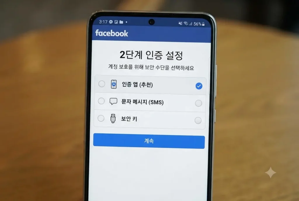 계정 보호를 위해 페이스북 보안 설정 메뉴에서 2단계 인증(2FA)을 설정하는 화면