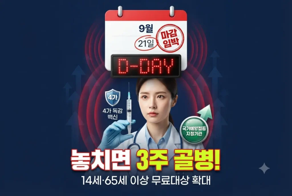 4가 독감 백신 주사기를 든 전문 의료진과 국가예방접종 지정기관 안내 이미지