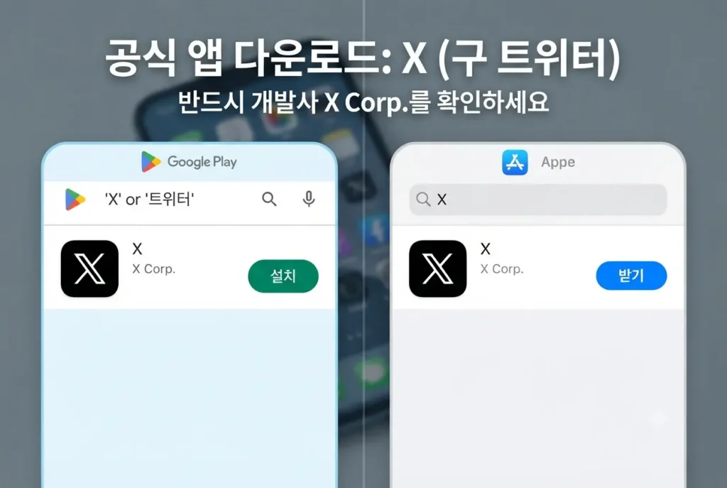 구글 플레이스토어와 애플 앱스토어에서 X(구 트위터) 앱을 검색하고 X Corp. 개발사를 확인하여 설치하는 방법