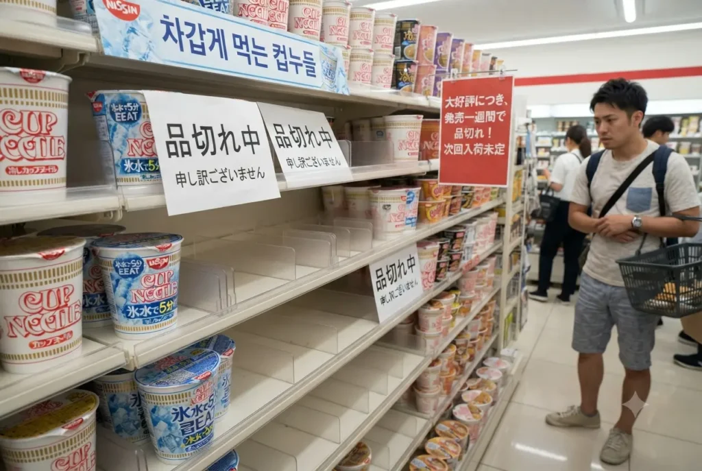 "일본 편의점 진열대에서 차갑게 먹는 컵누들이 출시 일주일 만에 품절되어 빈 매대가 된 현장 풍경"