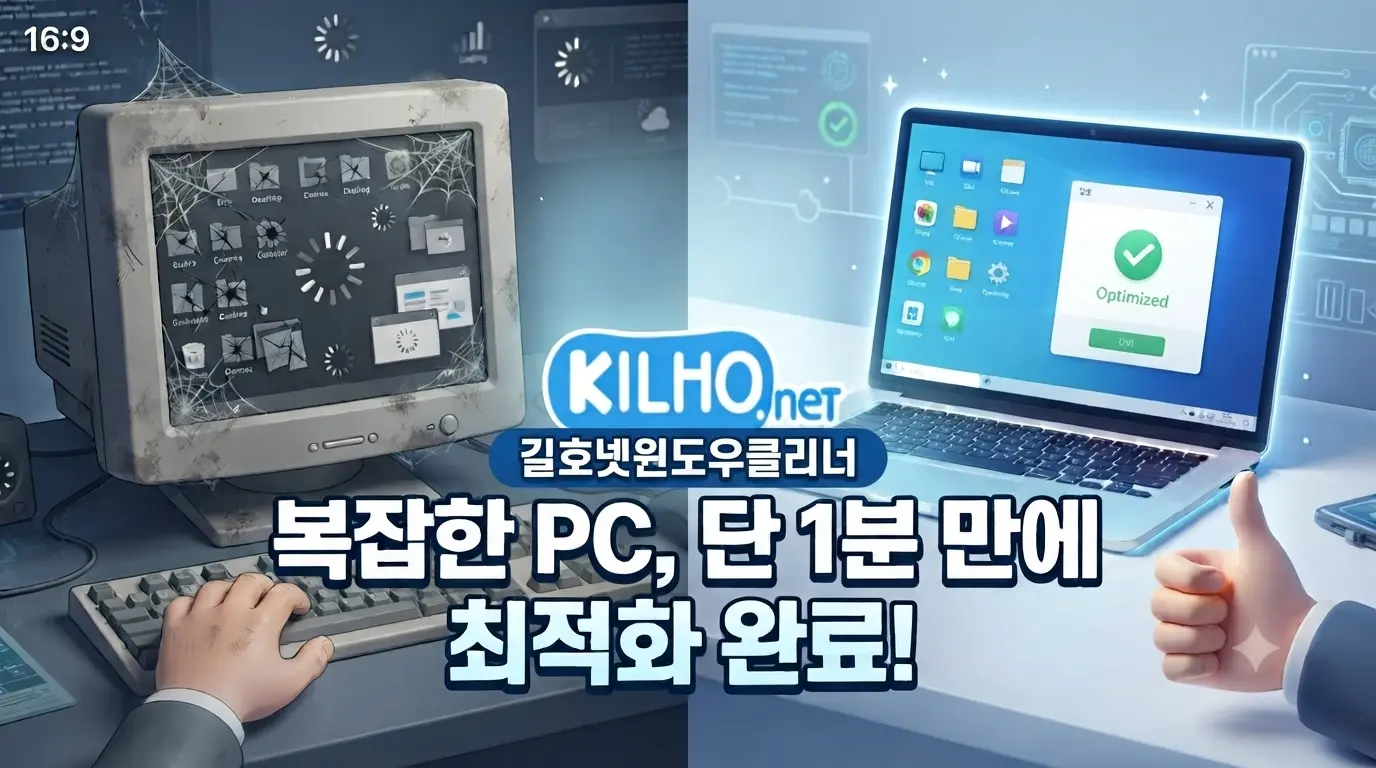 "복잡하고 느려진 구형 PC와 '길호넷 윈도우클리너'로 최적화되어 빨라진 컴퓨터의 비교 인포그래픽 썸네일"