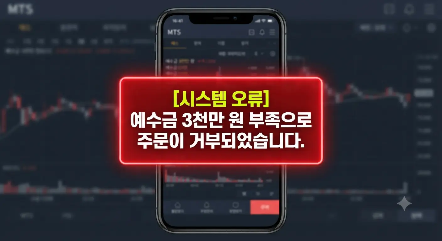 예수금 3천만 원 부족으로 인해 단일종목 레버리지 주문이 거부된 증권사 MTS 시스템 오류 화면 예시
