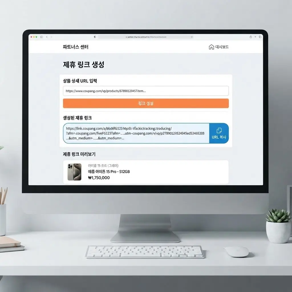 링크프라이스 파트너스 센터에서 상품 상세 URL을 입력해 제휴 추적 링크를 생성하고 복사하는 화면