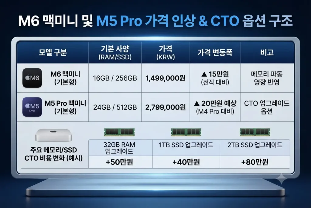 메모리 파동 영향이 반영된 M6 맥미니 및 M5 Pro 국내 출시 가격과 CTO 옵션 비교표