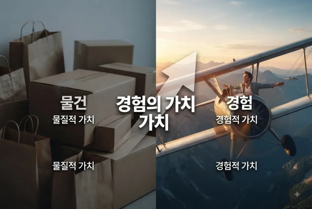 물질적 소비와 비행기 조종 등 성장을 가져다주는 경험 소비의 가치를 대비해서 보여주는 일러스트