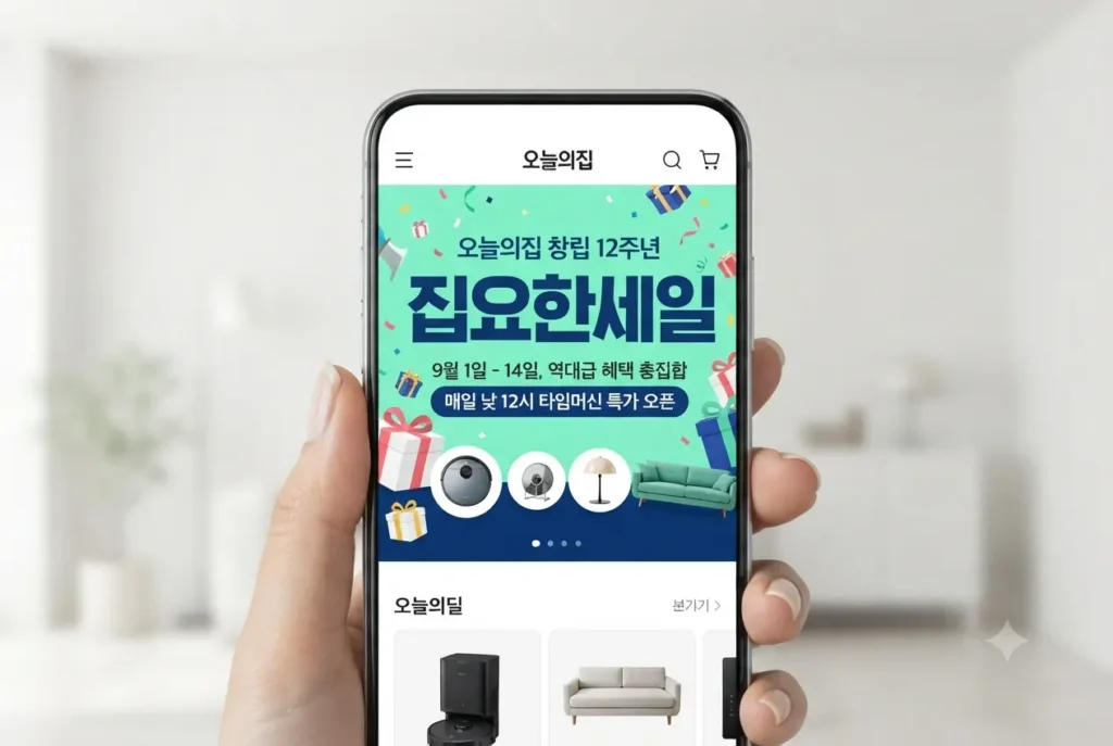 오늘의집 창립 12주년 집요한세일 메인 배너가 표시된 오늘의집 모바일 앱 화면 스크린샷