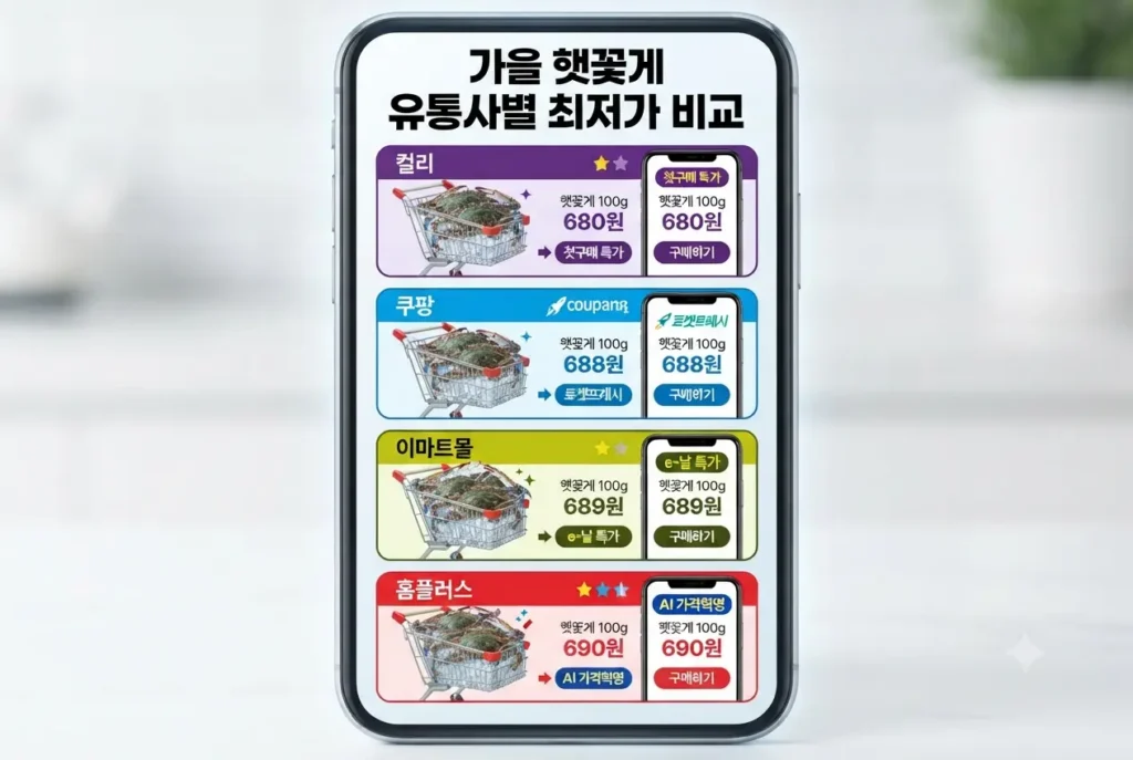 "컬리, 쿠팡, 이마트, 홈플러스 등 주요 유통사별 가을 햇꽃게 100g 최저가 가격 비교표 및 쇼핑앱 연출"