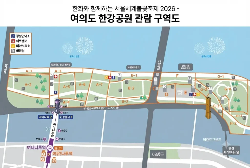 2026 서울세계불꽃축제 여의도 한강공원 구역별 관람 구역도 및 편의시설 안내 지도