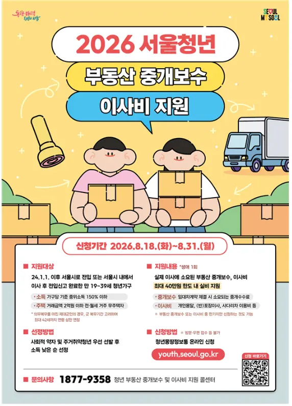 2026 서울 청년 부동산 중개보수 및 이사비 지원사업 전체 요약 안내 포스터