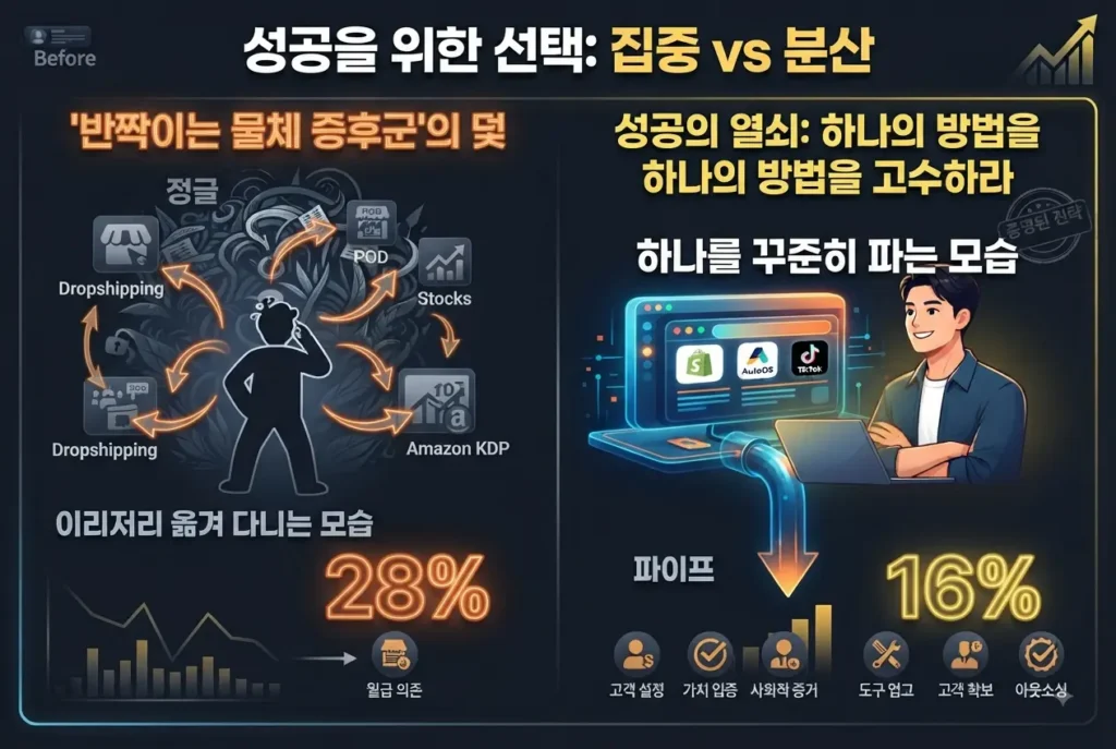 "반짝이는 물체 증후군으로 이리저리 옮겨 다니는 모습과 하나의 방법을 꾸준히 고수하여 성공하는 모습을 대비한 비교 이미지"
