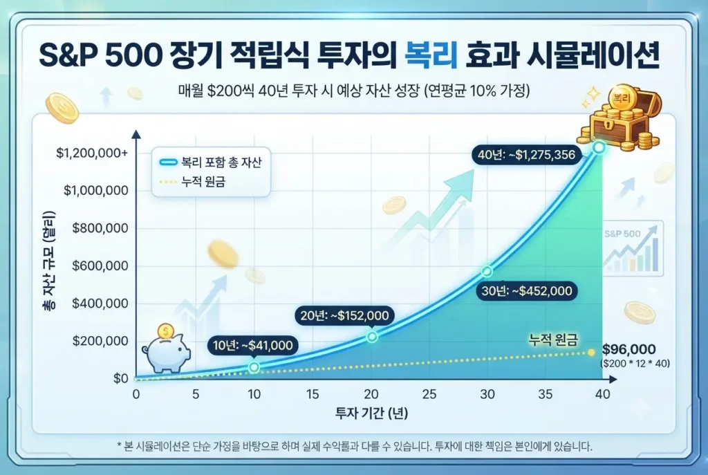 S&P 500 장기 적립식 투자 시 월 200달러 40년 복리 효과를 보여주는 우상향 자산 성장 그래프