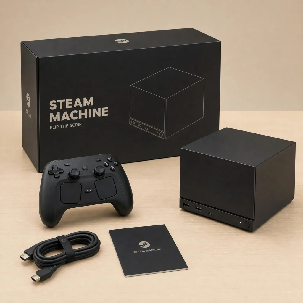 스팀 머신(Steam Machine) 큐브형 본체 실물과 신형 스팀 컨트롤러 패키지 구성 샷
