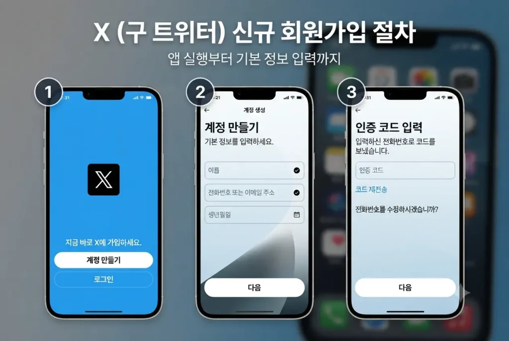 X 앱에서 계정 만들기 버튼 클릭부터 전화번호 인증까지 이어지는 신규 회원가입 단계별 절차 안내