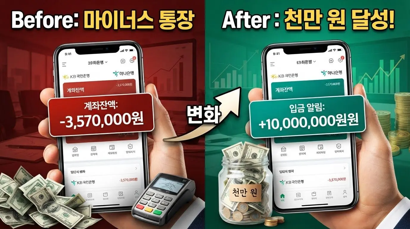 학생 1천만 원 버는 법을 증명하는 마이너스 통장에서 1천만 원 달성 전후(Before & After) 수익 비교 화면