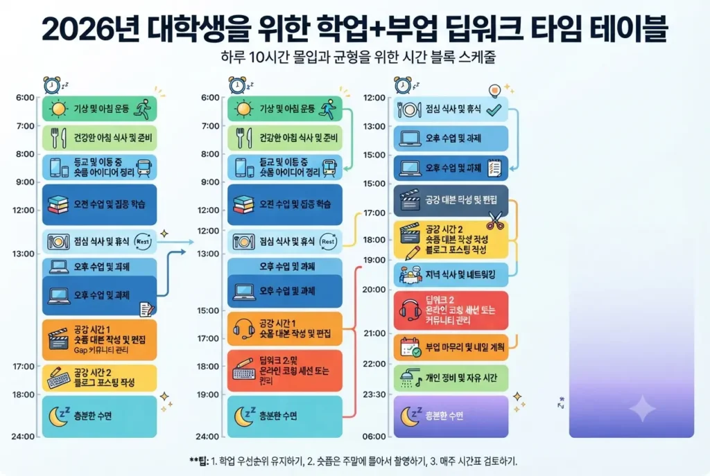 대학생들이 학업과 부업을 효율적으로 병행할 수 있는 하루 10시간 딥워크 타임 블록 스케줄 표
